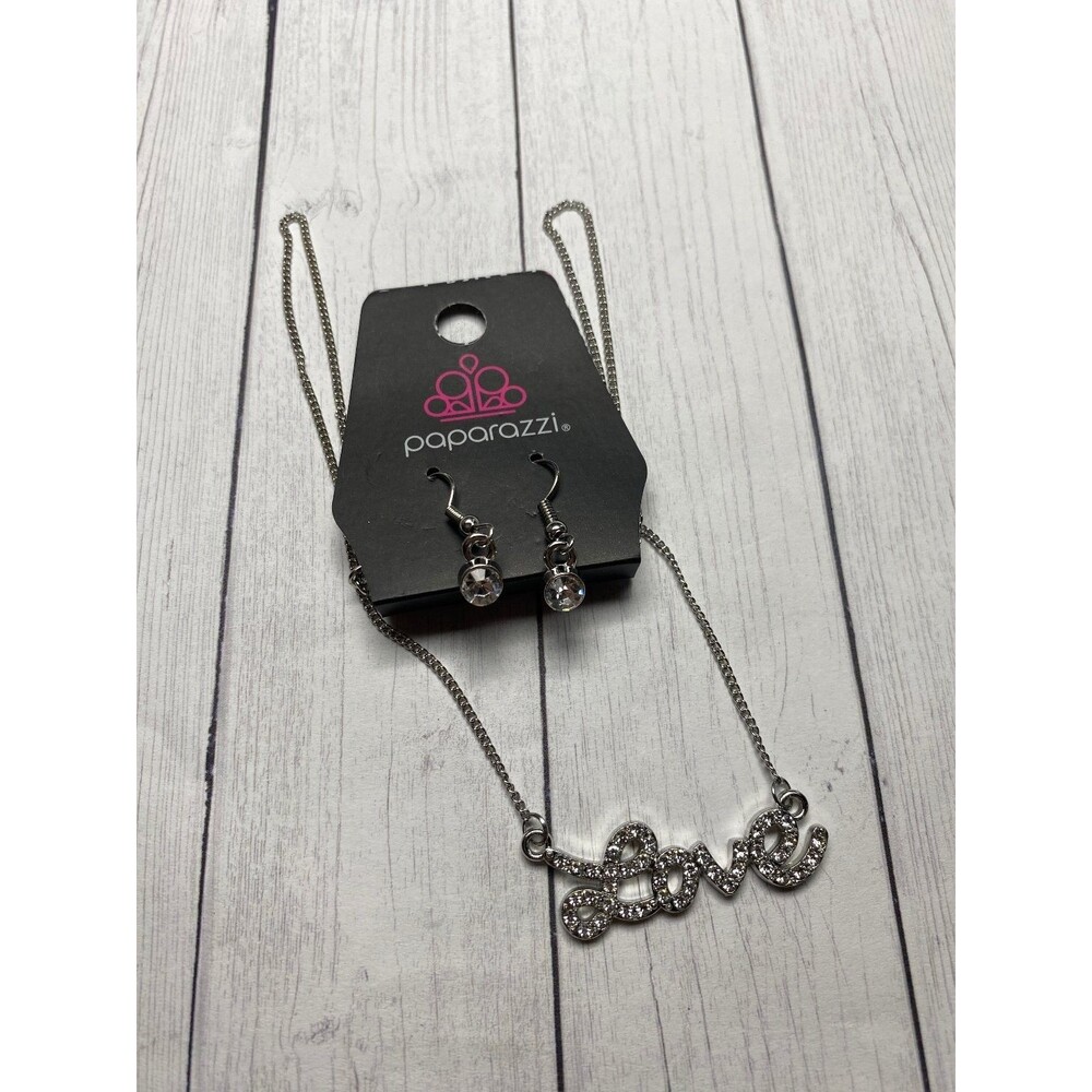 Paparazzi Love Necklace and Earrings Set 2-Piece Silver Tone Rhinestone
